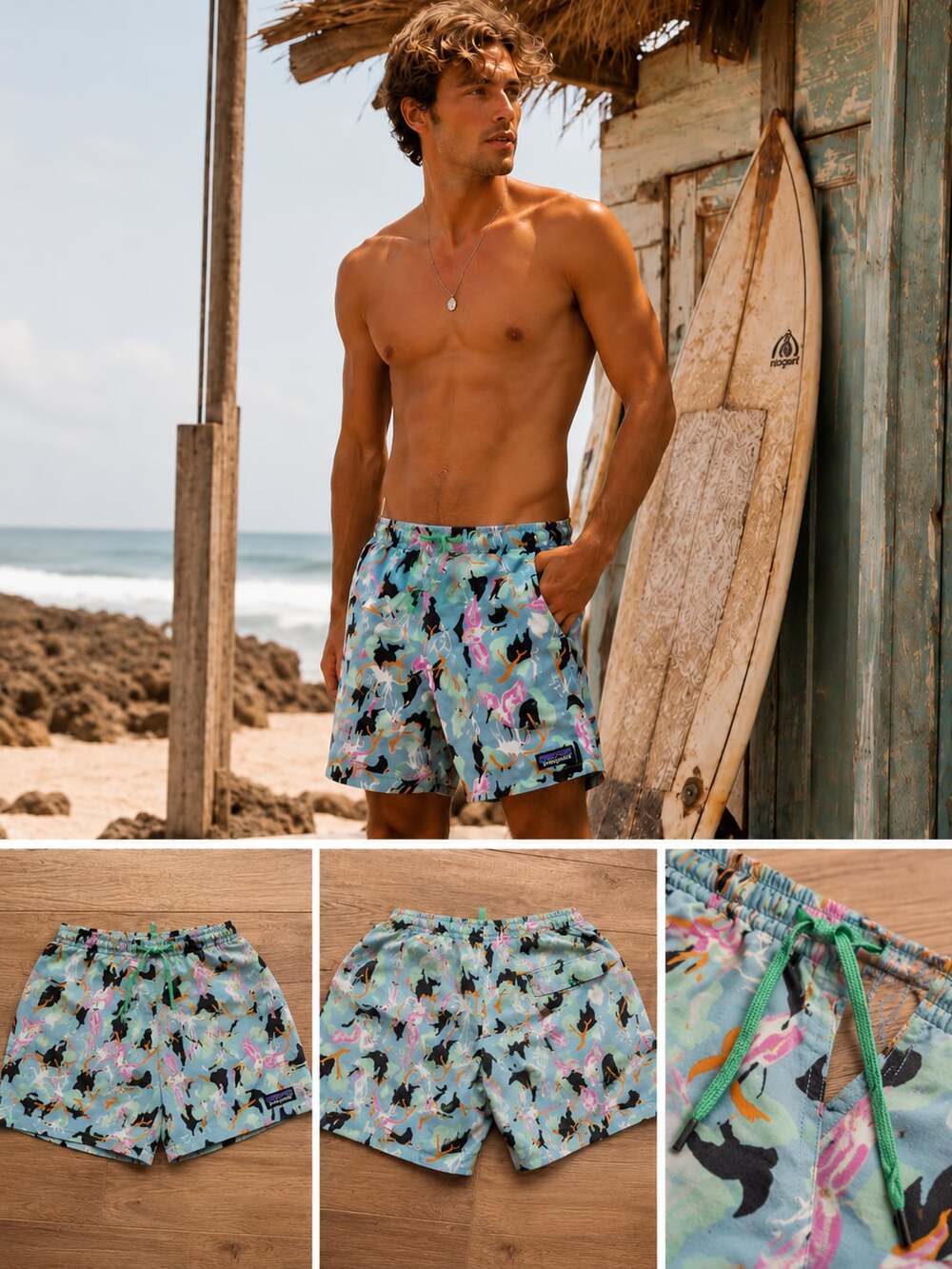 Patagonia Baggies Shorts Bird Print Blue Pink Lined Swim Shorts Size S